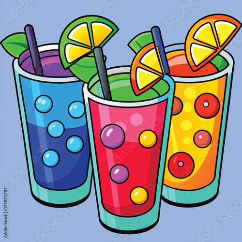 Three colorful stylized cartoon cocktails are garnished with citrus and straws on a light blue background