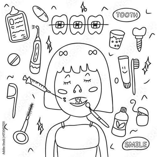 Orthodontics and dental care line art: girl at dentist with braces, implant, syringe, toothbrush, paste, floss, mouthwash and tools. Black and white outline vector, coloring page.