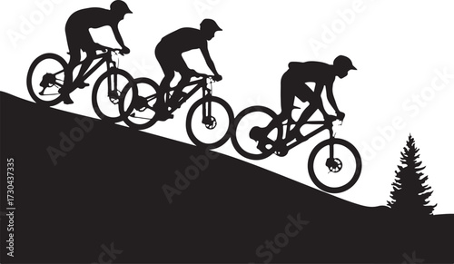 Dynamic cyclists race downhill on mountain trail
