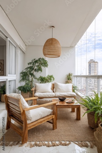 Relaxing balcony scene featuring wooden furniture plants and pendant lamp