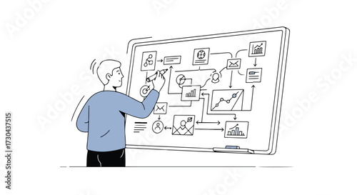 Diagram Development: Man mapping out a visual strategy with flowchart and graphs on whiteboard showcasing innovative planning processes and workflow