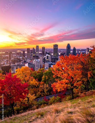 Montreal Autumn Sunrise Skyline View.