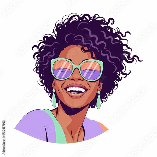 Portrait of a smiling African American woman with curly hair wearing sunglasses and earrings.