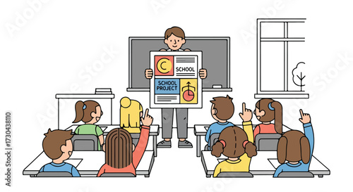 Enthusiastic classroom with teacher presenting school project and eager students raising their hands for participation and engaging lesson