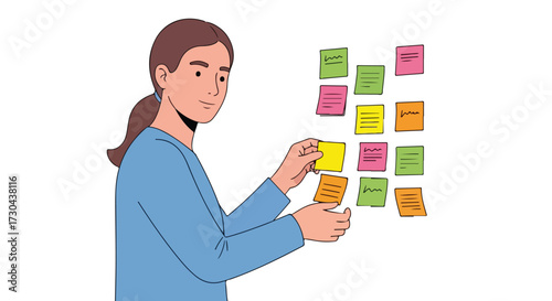 Illustration of a woman organizing colorful sticky notes on a wall for project management and task management in a team setting