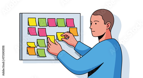 Man placing adhesive notes on board illustrating planning and organization for business strategy and creative workflow visualization