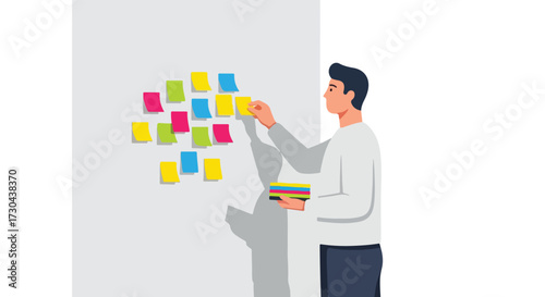 Creative brainstorming session: Young man organizing ideas on a wall using colorful sticky notes for project management and strategic planning