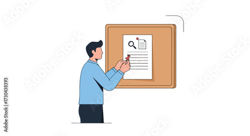 Cartoon man affixes document with magnifying glass to board for work task management and organization strategy on a bright background
