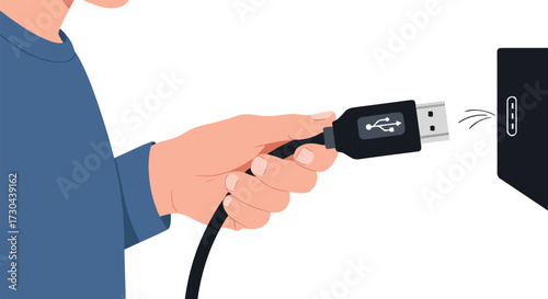Hand inserting a black USB connector into the port on a dark device illustration showing connection process and usage of modern technology