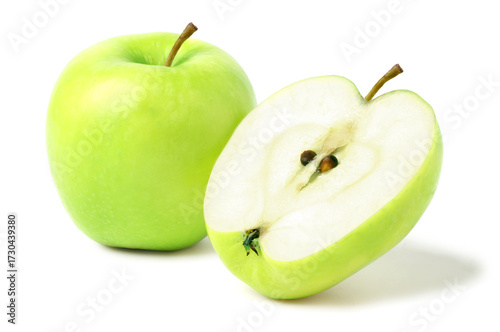 Whole green apples and halved  apples showing the flesh. isolated on white background.