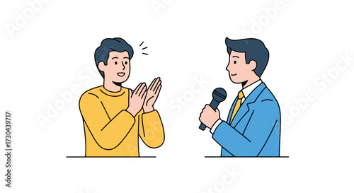 Captivating orator with an audience of one in a minimalist illustrated performance scene with a speaker and admirer
