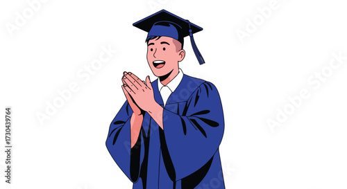 Illustration of a Male Graduate Clapping Hands with Excitement Celebrating Graduation Achievement in Blue Gown and Mortarboard Hat on White Background