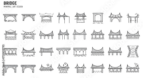 Minimalist line art bridge designs collection. Diverse architectural styles and structural forms in vector format. Perfect for graphic projects, infrastructure, and design elements