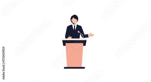 Stylized illustration of a speaker at a podium, delivering a speech with simple details and soft color palette for presentations
