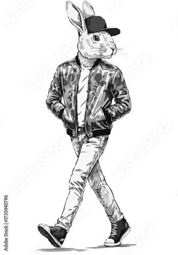 Walking Rabbit in Satin Jacket and Backwards Cap Vector