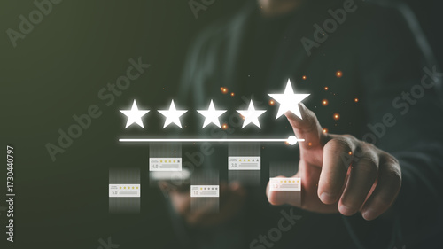 Hand giving five star rating on virtual interface, symbolizing excellent customer satisfaction, online review system, feedback evaluation, and business reputation management.