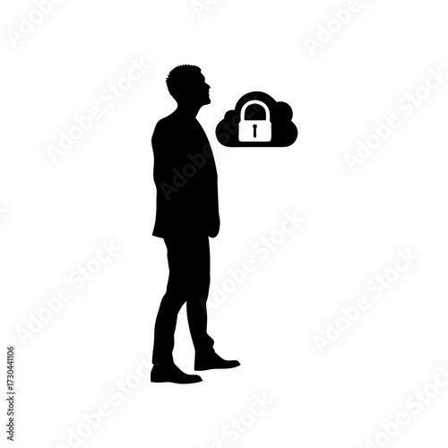 Cloud administrator encrypting sensitive files silhouette isolated on white background