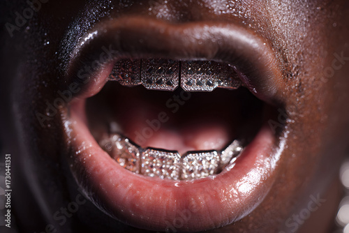 Close up of a black man’s mouth open with shiny diamond grillz on teeth and glossy lips with wet skin texture