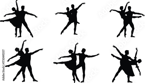 Dynamic ballet dancers silhouettes on white background, graceful male and female dancers in various poses, artistic studio shot for a stage show.