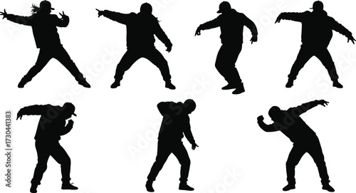 Dynamic ballet dancers silhouettes on white background, graceful male and female dancers in various poses, artistic studio shot for a stage show.