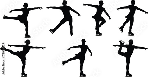A collection of black and white silhouettes depicting figure skaters in various poses and movements on ice.