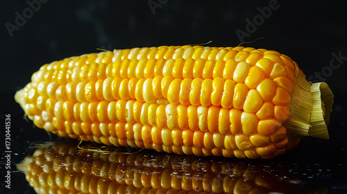 Corn cob on a reflective surface minimalist black background