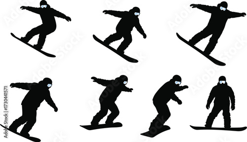 A collection of black and white silhouettes depicting a ski jumper in various poses during flight.