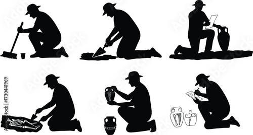 Black and white silhouette of archaeologist digging and studying ancient artifacts.