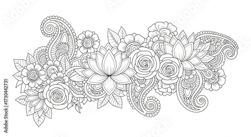 Detailed floral arrangement with paisley elements, suitable for coloring.