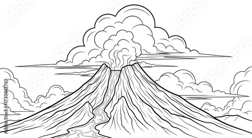 Detailed line art of a volcano erupting with smoke and lava flow.