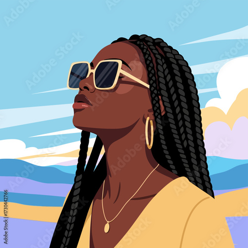A stylish illustration of a woman with dark braids, wearing sunglasses, looking up at the sky.