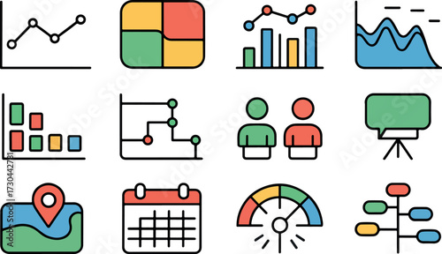 A vibrant collection of data visualization icons, , showcases various charts, graphs, and symbols representing analytics, statistics, and information presentation techniques