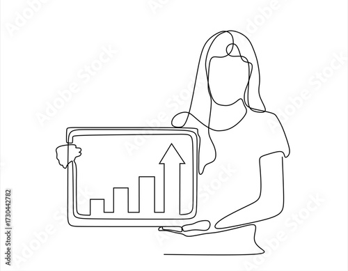 Continuous one line drawing of business woman showing growing graph presentation. Business growth concept. Hand drawn. Editable stroke