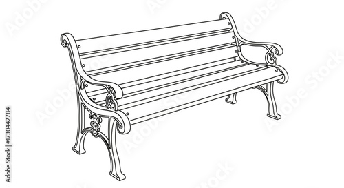 Detailed line drawing of a park bench on a white background.