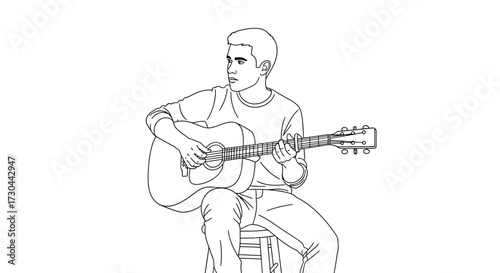 Line drawing of a man playing an acoustic guitar while sitting on a stool.