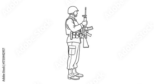 Line drawing of a soldier standing at attention with a rifle.