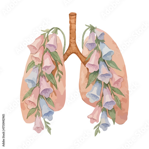 Watercolor Lungs with flowers Clipart: Floral Medical pulmonology Art