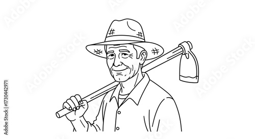 Line drawing of a farmer with a hoe over his shoulder.