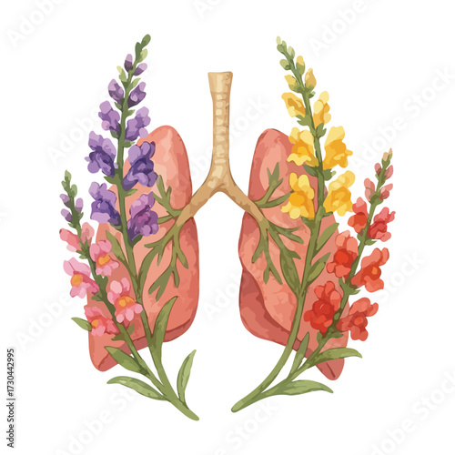 Watercolor Lungs with flowers Clipart: Floral Medical pulmonology Art