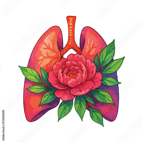 Watercolor Lungs with flowers Clipart: Floral Medical pulmonology Art