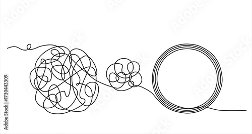 Chaos and order abstract minimalist concept vector illustration. Metaphor of disorganized difficult problem, mess with black single continuous tangle thread in need of unraveling. Hand drawn	