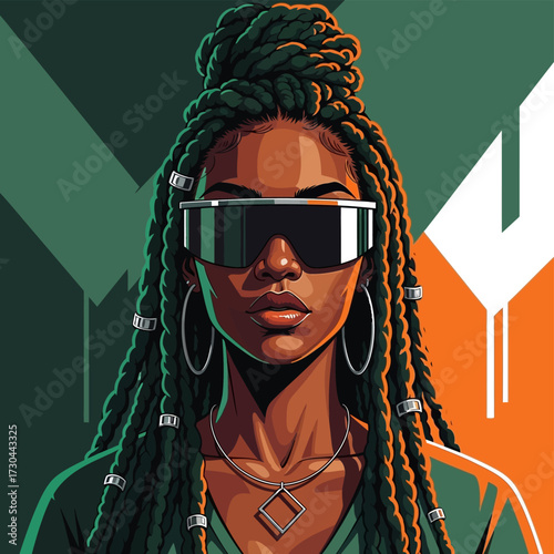 A striking portrait of a Black woman with elaborate braided hair, wearing futuristic sunglasses and a modern necklace, set against a vibrant, abstract background.
