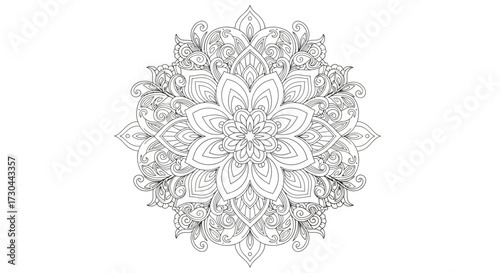 Intricate mandala design with floral and paisley elements, perfect for coloring or meditation.