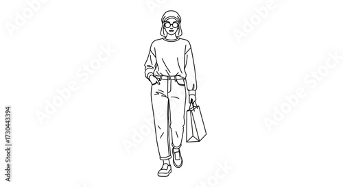 A woman in a sweater, jeans, and hat carrying shopping bags.