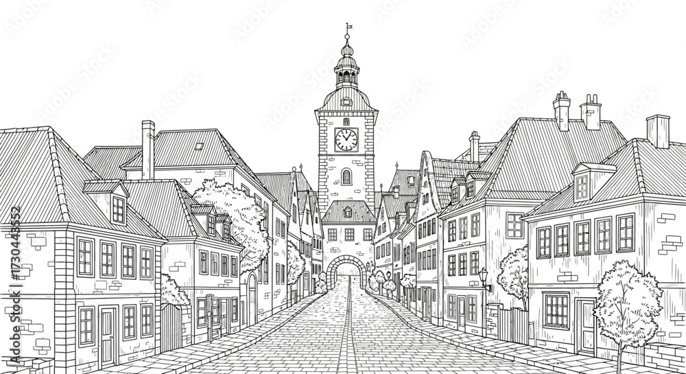 Obraz premium Detailed black and white illustration of a European town street with a clock tower.