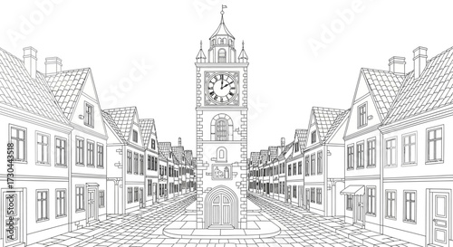 Line art illustration of a town square with a clock tower and buildings.