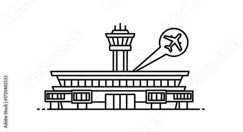 Airport terminal building with control tower and airplane icon.