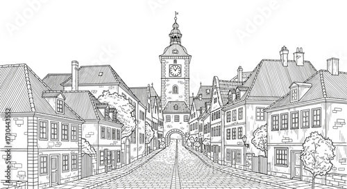 Detailed black and white illustration of a European town street with a clock tower.