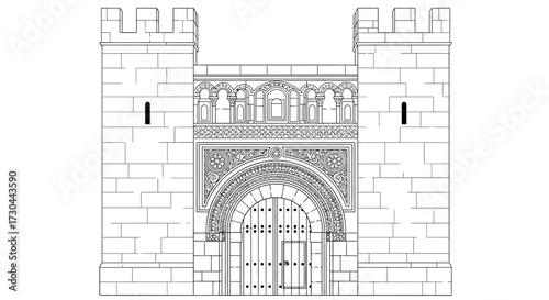 Illustration of a castle gate with towers and decorative archway.