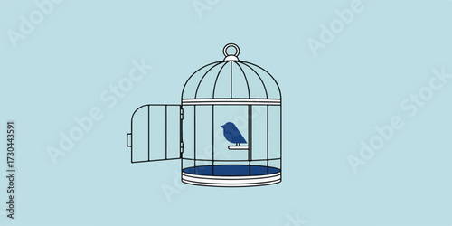 Open bird cage illustration with clean line art